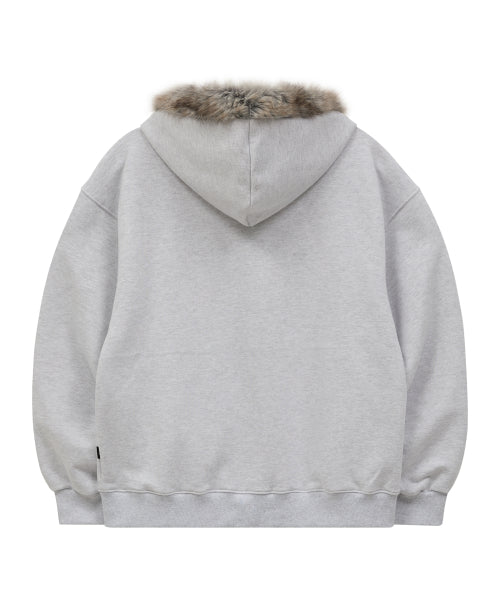 Clover Applique Fur Hood Zip-up MELANGE WHITE