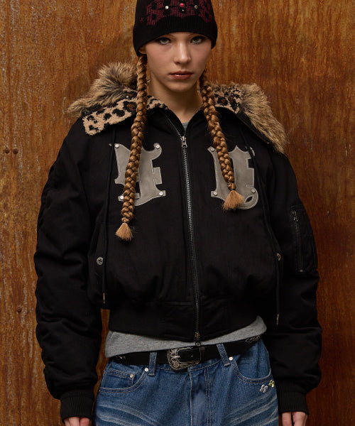 HD Artificial Leather Patch Bomber Down Jacket BLACK