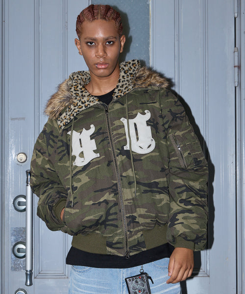 HD Artificial Leather Patch Bomber Down Jacket CAMO