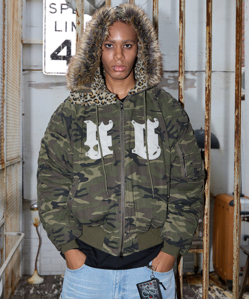 HD Artificial Leather Patch Bomber Down Jacket CAMO