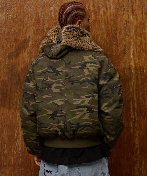HD Artificial Leather Patch Bomber Down Jacket CAMO