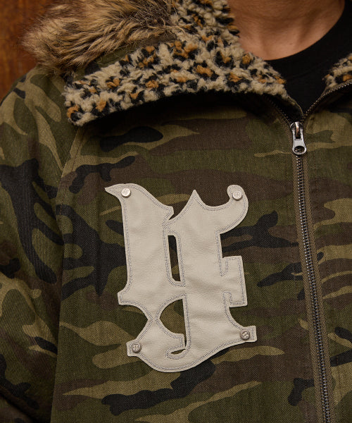 HD Artificial Leather Patch Bomber Down Jacket CAMO