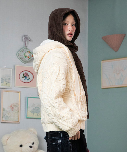 WXK025 Puku Puku Knit Padded Hood Zip-Up (IVORY)