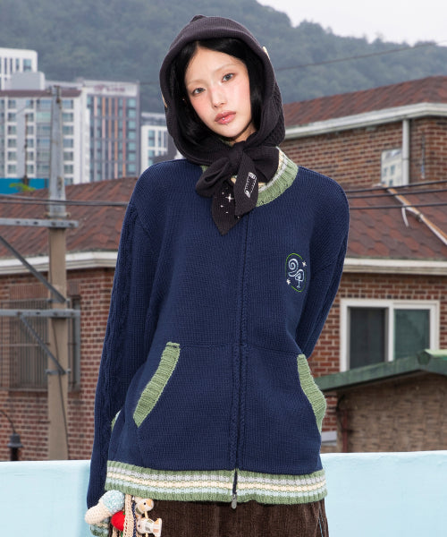 WXK024 Kanade Stripe Coloring Knitwear Zip-Up (NAVY)
