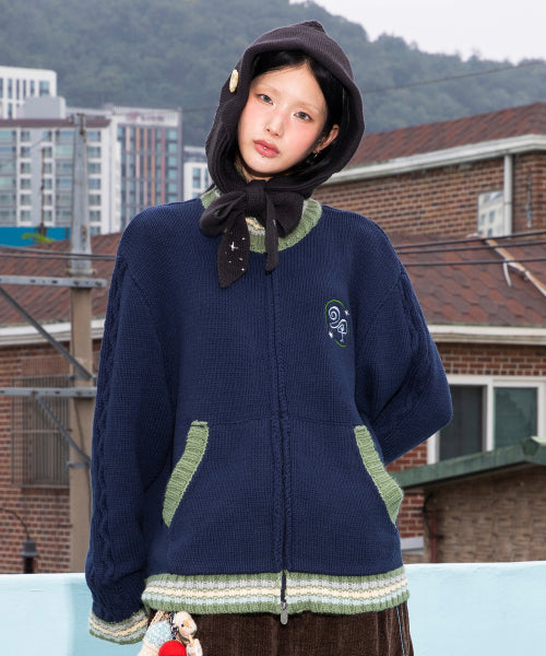 WXK024 Kanade Stripe Coloring Knitwear Zip-Up (NAVY)