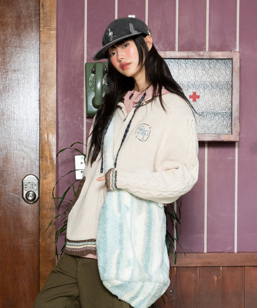 WXK024 Kanade Stripe Coloring Knitwear Zip-Up (GREAGE)