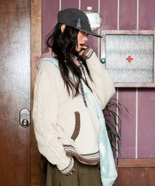 WXK024 Kanade Stripe Coloring Knitwear Zip-Up (GREAGE)