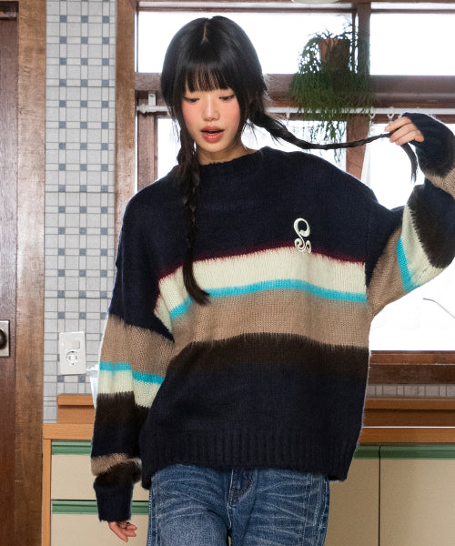WXK026 Ninkino Loose Fit Stripe Pullover Knit (NAVY)