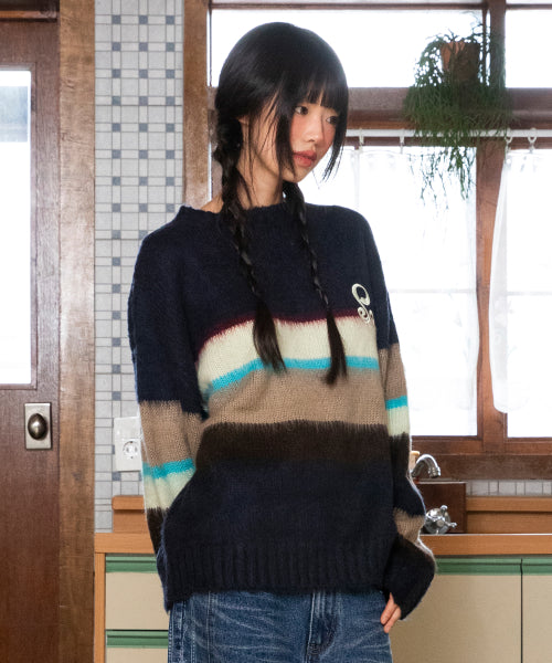 WXK026 Ninkino Loose Fit Stripe Pullover Knit (NAVY)