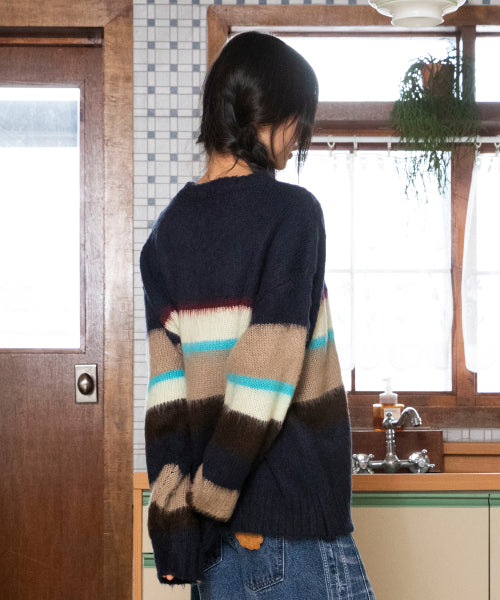 WXK026 Ninkino Loose Fit Stripe Pullover Knit (NAVY)