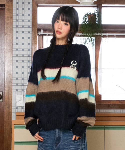 WXK026 Ninkino Loose Fit Stripe Pullover Knit (NAVY)