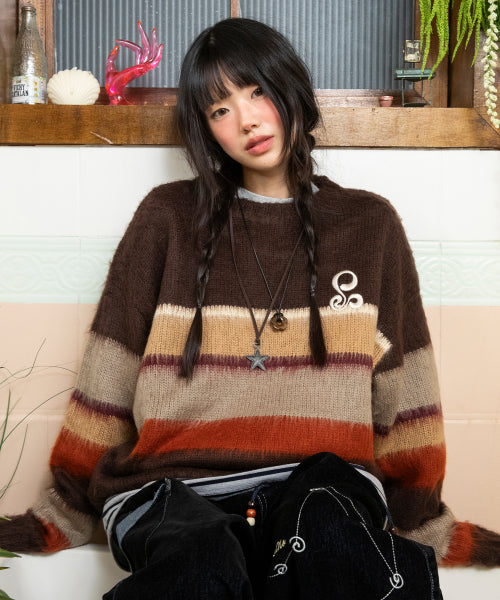 WXK026 Ninkino Loose Fit Stripe Pullover Knit (BROWN)