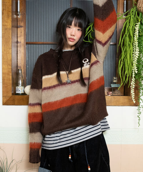 WXK026 Ninkino Loose Fit Stripe Pullover Knit (BROWN)