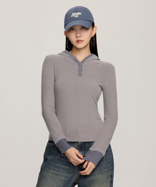 W Stripe Henley Neck Slim Hoodie_Gray