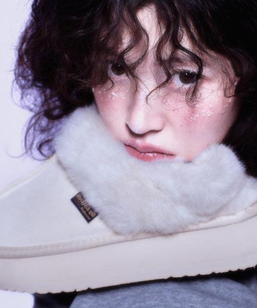 CLOUDY FLATFORM FUR SLINGBACKS - CREAM