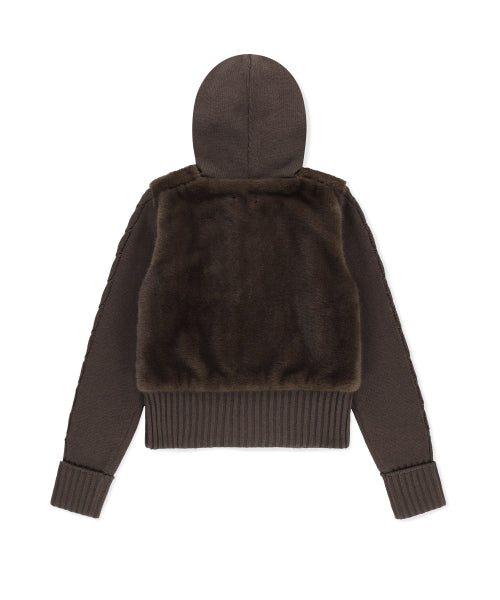 W Faux Fur Knit Zip Jacket Brown