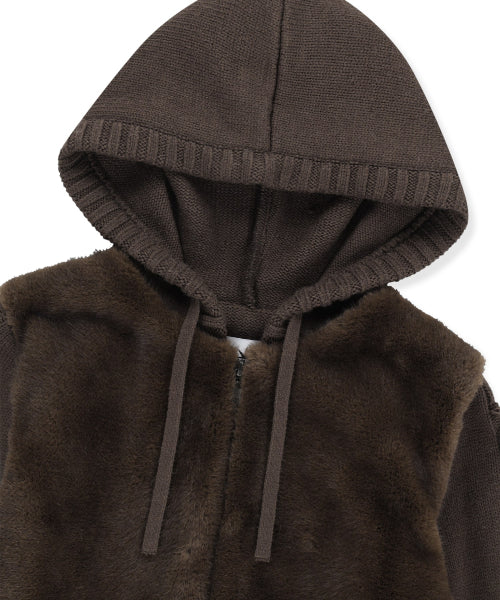 W Faux Fur Knit Zip Jacket Brown