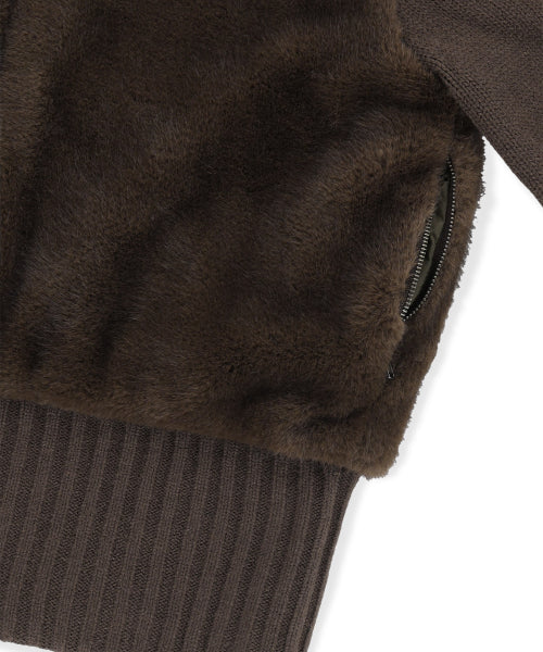 W Faux Fur Knit Zip Jacket Brown