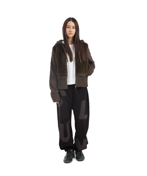 W Faux Fur Knit Zip Jacket Brown