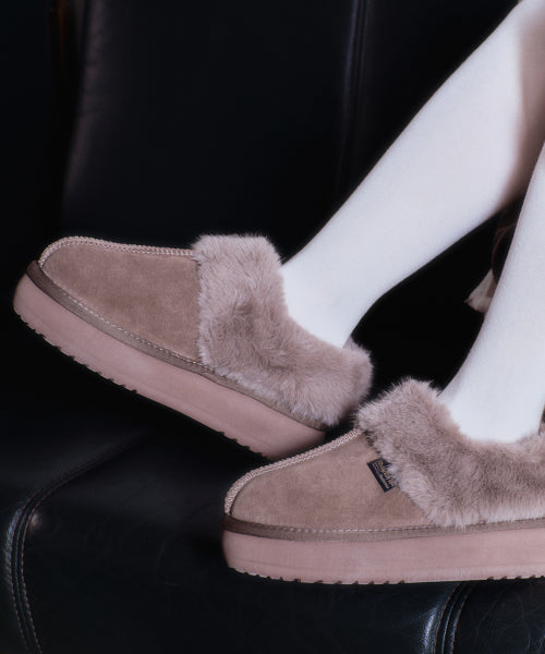 CLOUDY FLATFORM FUR MULES - MOCHA BROWN