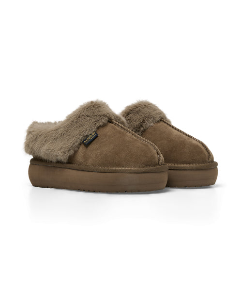 CLOUDY FLATFORM FUR MULES - MOCHA BROWN