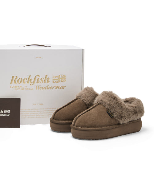 CLOUDY FLATFORM FUR MULES - MOCHA BROWN