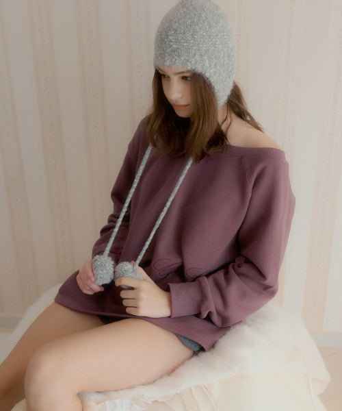 Pompom Dot Ear Muff Alpaca Beanie (Gray)