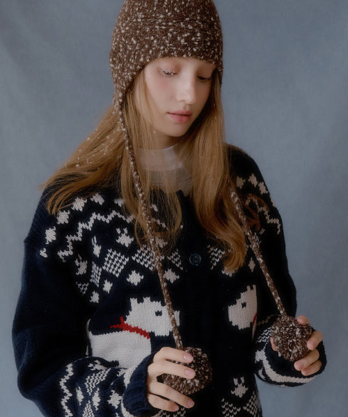 Pompom Dot Ear Muff Alpaca Beanie (Brown)