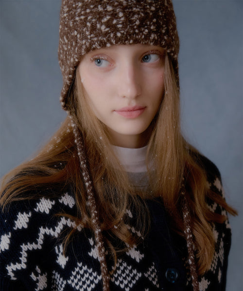 Pompom Dot Ear Muff Alpaca Beanie (Brown)