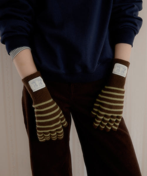 Puppy Label Stripe Gloves (Brown)