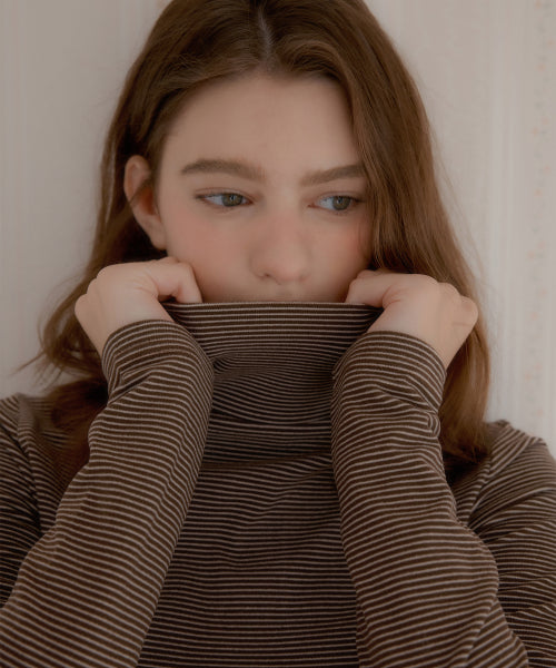 Stripe to Way Frill Turtleneck (Brown)