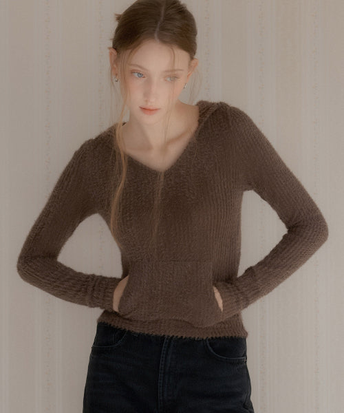 Fluffy V-Neck Slim Fit Hoodie (Brown)