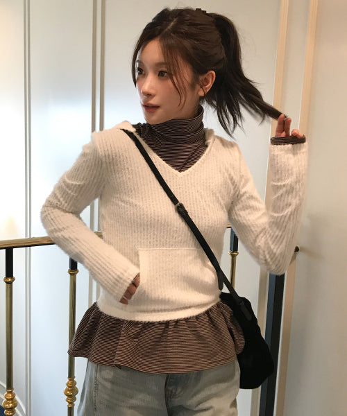 Fluffy V-neck Slim Fit Hoodie (Ivory)