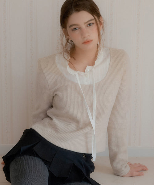 Lace Layered V-Neck Knit Top (Beige)