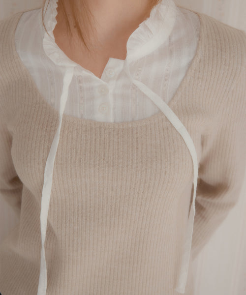 Lace Layered V-Neck Knit Top (Beige)