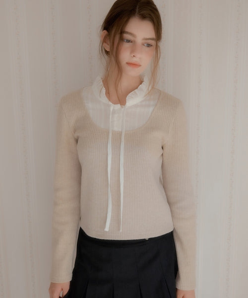 Lace Layered V-Neck Knit Top (Beige)