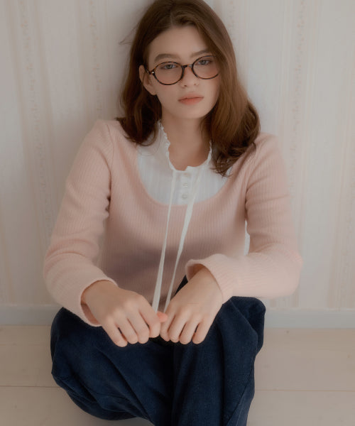 Lace Layered V-neck Knitwear Top (Pink)