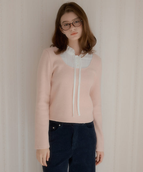 Lace Layered V-neck Knitwear Top (Pink)