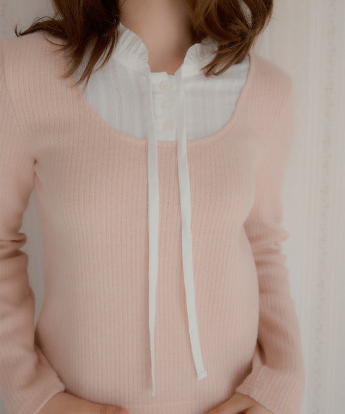 Lace Layered V-neck Knitwear Top (Pink)
