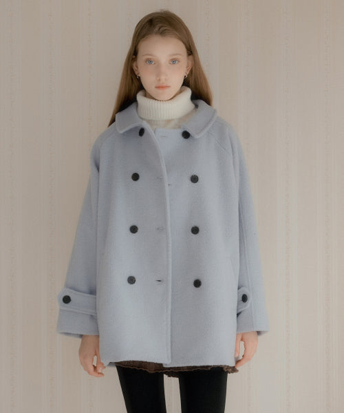 Melia Hair Ornament Wool Half Coat (Gray Blue)