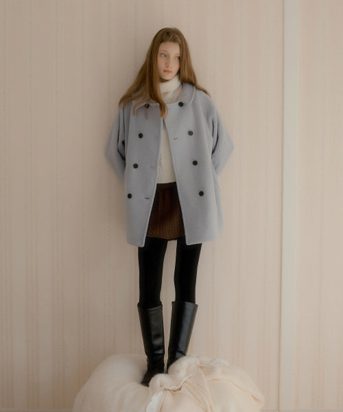 Melia Hair Ornament Wool Half Coat (Gray Blue)