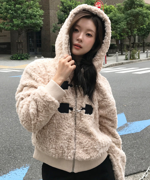 Twin Buckle Hooded Fur Jacket (Pink)