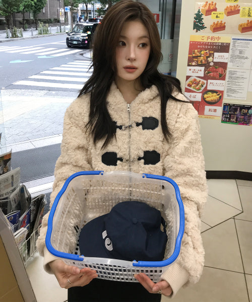 Twin Buckle Hooded Fur Jacket (Pink)
