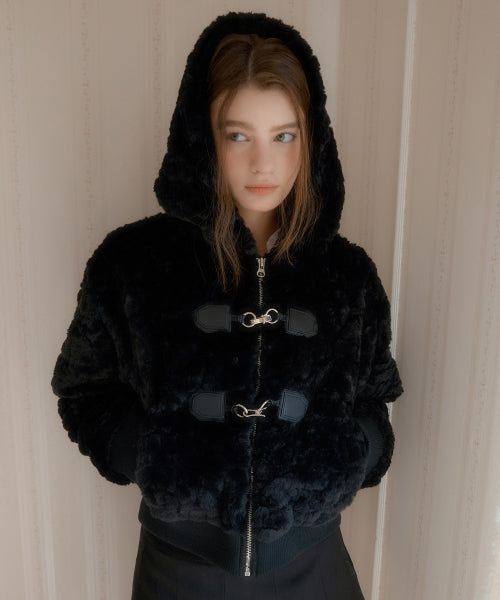 Twin Buckle Hooded Fur Jacket (Black)