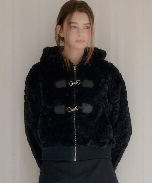 Twin Buckle Hooded Fur Jacket (Black)