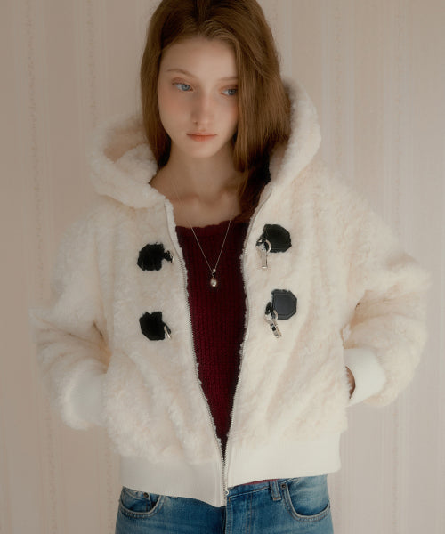 Twin Buckle Hooded Fur Jacket (Ivory)