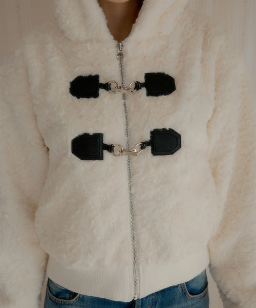 Twin Buckle Hooded Fur Jacket (Ivory)