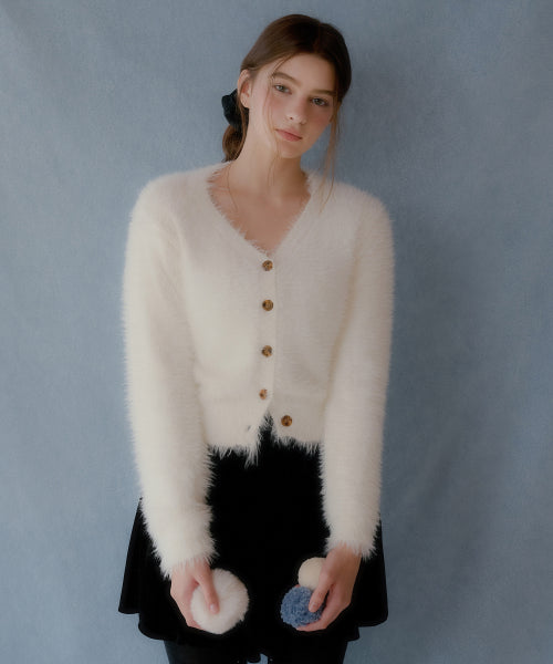 Hair Ornament Deep V-Neck Cardigan (Ivory)