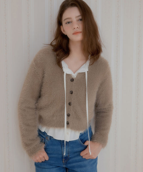 Hairy Deep V-Neck Cardigan (Khaki Brown)