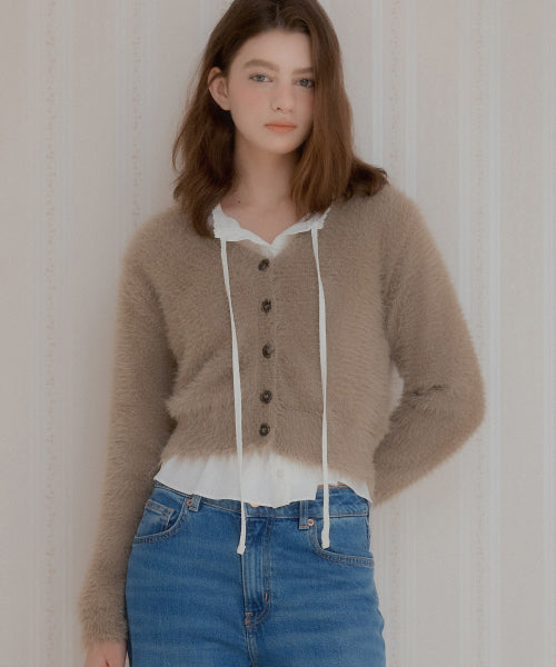 Hairy Deep V-Neck Cardigan (Khaki Brown)
